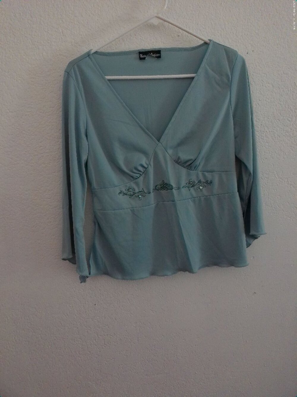National Outlitters, light blue long sleeve top, V-neck, with sequins and beads